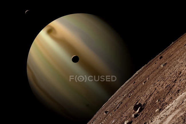 Gas giant planet surrounded by three moons in outer space — Stock Photo