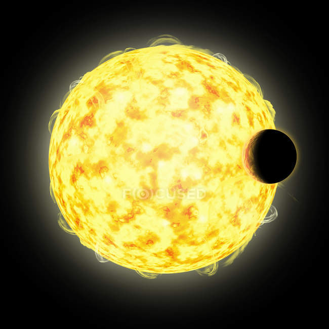 Massive planet in close orbit around star on black background — Stock Photo
