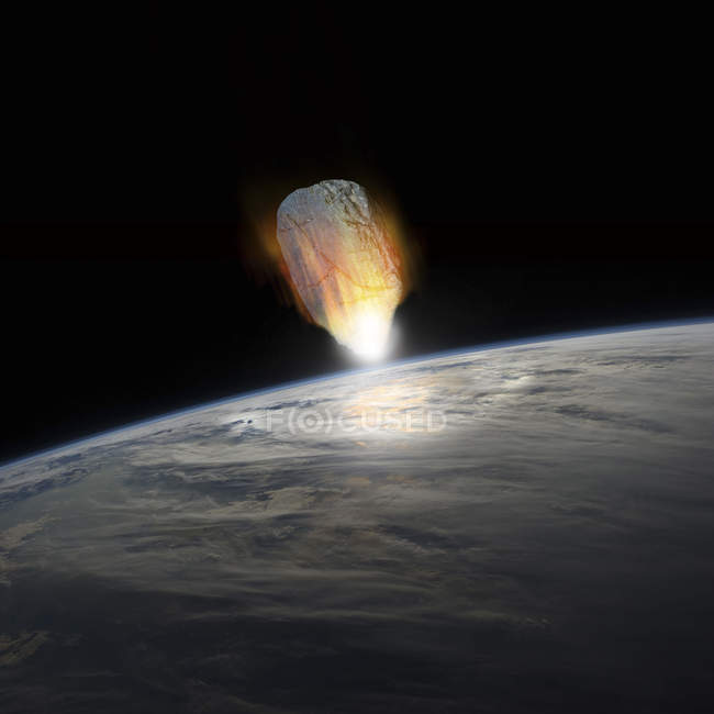 Asteroide masivo, blanco brillante caliente, entrando en la atmósfera de las Tierras - foto de stock