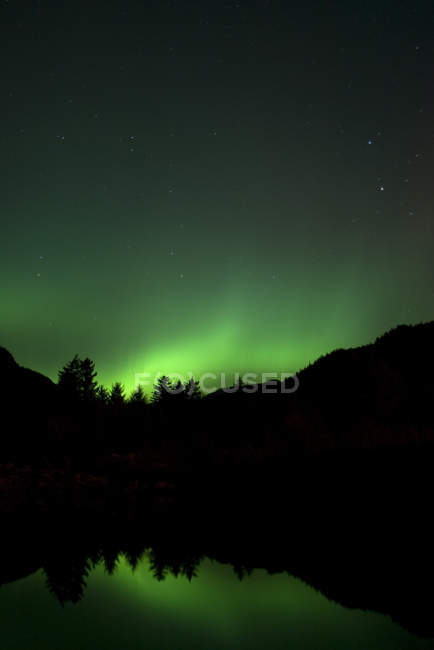 Aurora verde acima do rio Kincolith, Kincolith, Colúmbia Britânica, Canadá — Fotografia de Stock