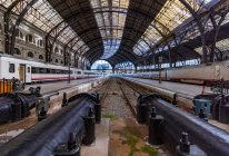 Trains sur les quais d'une gare de Barcelone avec un toit fantastique — Photo de stock