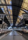 Züge auf den Bahnsteigen eines Bahnhofs in Barcelona mit einem fantastischen Dach — Stockfoto