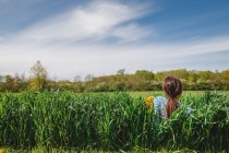 Rear view of girl sitting in tall grassy field against bright blue sky — Stock Photo