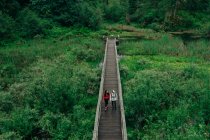 A young couple enjoys a hike on a boardwalk in the Pacific Northwest — Stock Photo