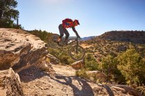 Un ciclista de montaña salta una pequeña gota en el sendero en Colorado. - foto de stock