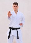 Teenager Junge Karate-Experte übt Kampfpositionen mit hallo — Stockfoto