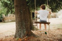 Visão traseira do menino em balanço sob árvores — Fotografia de Stock