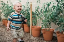 Menino crescendo plantas de tomate em vasos. — Fotografia de Stock