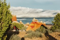 Апельсиновая палатка и рюкзак на фоне пустынного кустарника в Юте — стоковое фото