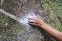 Gros plan d'une main d'alpiniste sur un rocher — Photo de stock