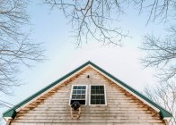 Uma bela vista de uma casa de madeira com um telhado de um edifício — Fotografia de Stock