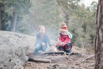 Frères et sœurs cuisinant des guimauves sur un feu de camp en Suède — Photo de stock