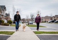 Uomo e signora anziana cane da passeggio sul marciapiede del quartiere suburbano. — Foto stock