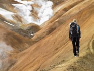 Junge Frau wandert auf Grat im isländischen Hochland — Stockfoto