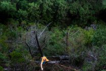 Молодой человек карабкается по веревке по тропе в горах — стоковое фото