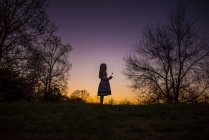 Kleines Mädchen mit Blumen Silohette lange Haare Sommer Abend Sonnenuntergang — Stockfoto