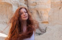 Red Haired Woman in Windy Canyon — Stock Photo
