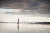 Niño pequeño caminando en la playa fría en Nueva Zelanda - foto de stock