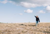 Giovane ragazzo che corre con un aquilone in cima a una collina in una giornata di sole — Foto stock