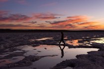 Silhouette di una persona che cammina attraverso un'area salina al tramonto — Foto stock