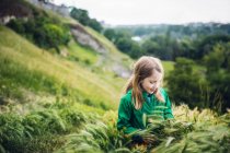 Bambina in campo verde in montagna — Foto stock
