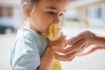 Mother gives a little duckling to her daughter — Stock Photo