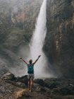 Rückansicht einer jungen Frau, die beim Anblick des Wasserfalls die Arme öffnet, Queensland, Australien. — Stockfoto