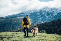 Jovem com casaco amarelo e mochila brinca com cão pastor alemão nas montanhas. — Fotografia de Stock