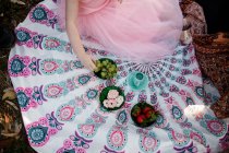 Небольшой пикник рядом с едой и одеялом — стоковое фото