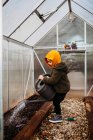 Junge gießt Samen in Hinterhof-Gewächshaus — Stockfoto