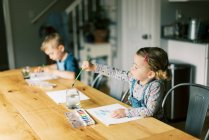 Dois irmãos colorindo juntos em um dia de escola em casa — Fotografia de Stock
