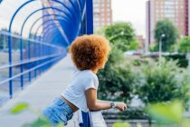 Woman with afro hair leaning on a bridge — Foto stock