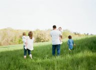 Ritratto di una famiglia di cinque persone in un campo — Foto stock