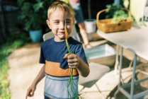 Мальчик ест свежесобранную морковку из сада — стоковое фото