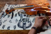 Violoncelliste luthier changeant de pont d'un baroque fait main — Photo de stock