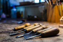 Violin maker luthier tools for wood carving Cremona Italy — Stock Photo