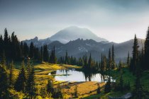 Hermoso paisaje con lago y montañas en el fondo de la naturaleza - foto de stock