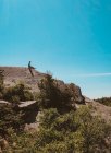Adolescente sentado en la cima de una colina rocosa en una caminata en un día soleado. - foto de stock