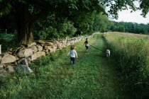 Dos niños corriendo con su perro por un campo en Nueva Inglaterra - foto de stock