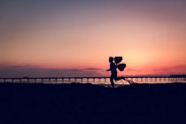 Silueta de un niño con globos en la playa - foto de stock
