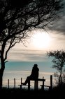 Silueta del hombre sentado en un banco al amanecer - foto de stock