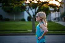 Portrait of blonde young girl in power pose — Stock Photo