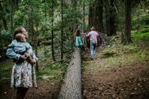 Vater hilft Tochter auf Baumstamm zu gehen, während Mutter zuschaut — Stockfoto