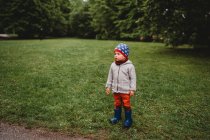 Kleiner Junge mit ernstem Gesicht steht im Park und schaut zur Seite — Stockfoto
