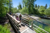 A family walks across a bridge over Taylor Creek on a summer day in South Lake Tahoe, California. — Stock Photo