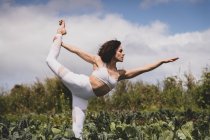Woman in dancer's pose in a field — Stock Photo