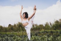 Flexible woman practices yoga in a field — Stock Photo
