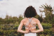 Forte práticas femininas ioga fora em um campo — Fotografia de Stock