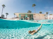Mirador de nivel dividido de la niña nadando bajo el agua en la piscina en Florida - foto de stock