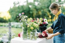 Femme propriétaire d'entreprise et agriculteur de fleurs organiser bouquets dahlia — Photo de stock